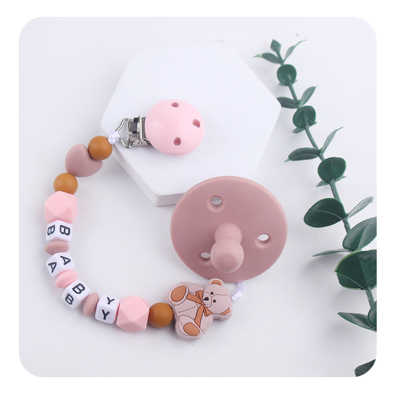 Nombre de bebé DIY calmar la cadena de tetas de caricatura bebé osos de silicona calmar la cadena de tetas de cadena anti-caída