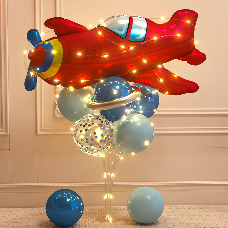 Children's Little Boy's Birthday Party Decoration Scene Arrangement Astronauts Rocket Plane Balloon Table Floating