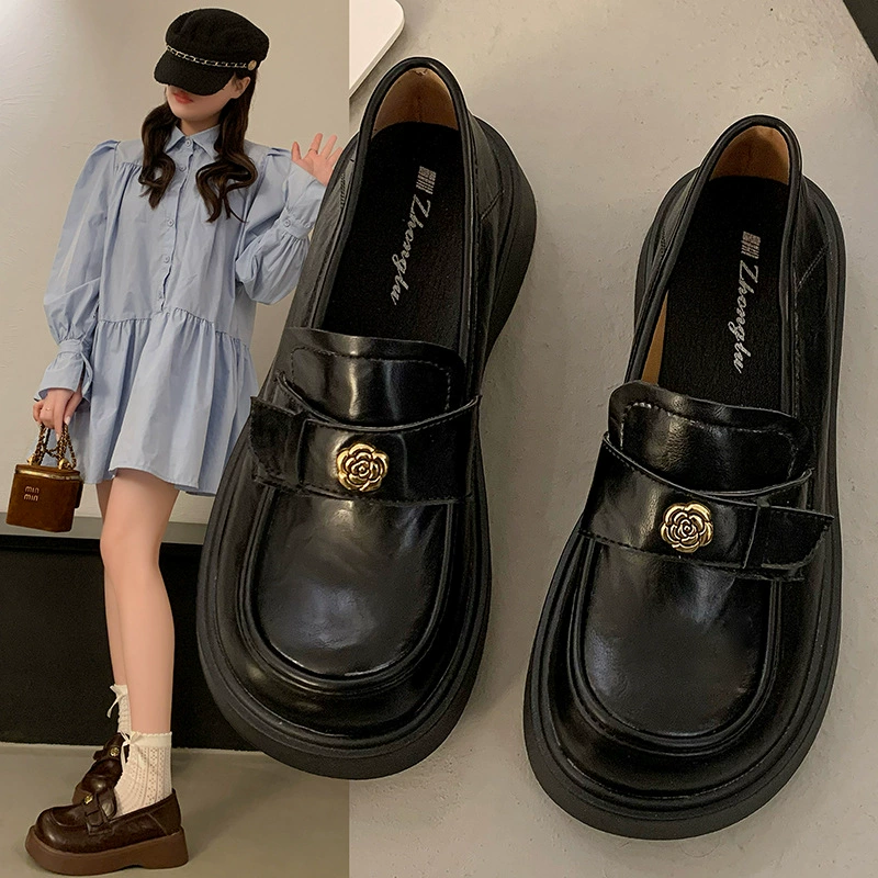 Round toe brown British style thick heel thick sole small leather shoes for women in spring and autumn 2025 new French one-foot loafer shoes