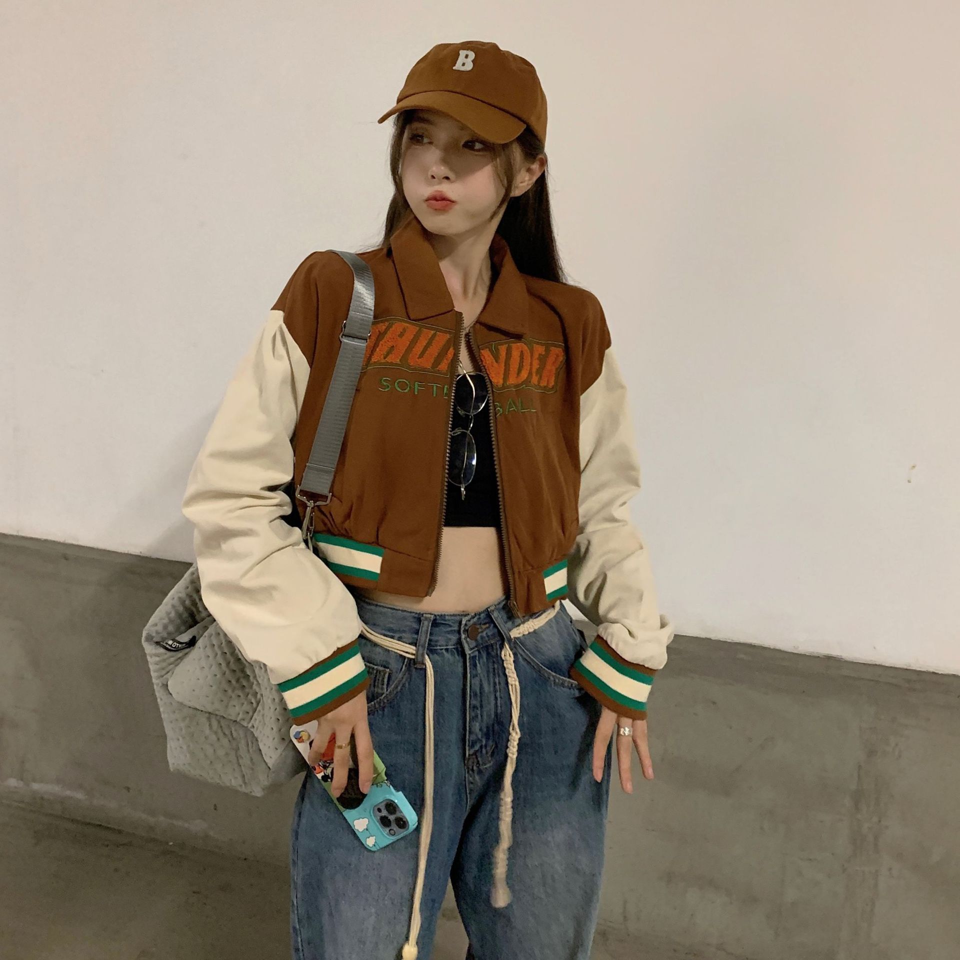 外贸虾皮美式复古辣妹短款vintage棒球服设计感小众夹克长袖外套