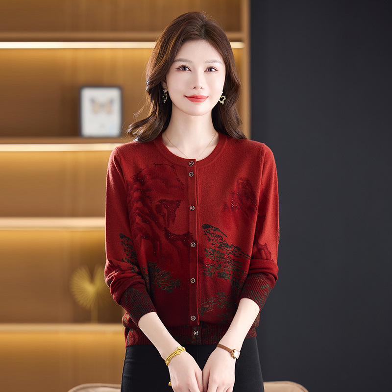 秋季新款羊毛针织衫时尚数码印花圆领开衫春秋季休闲妈妈毛衣，女装针织衫/毛衣，妃慕昵服饰