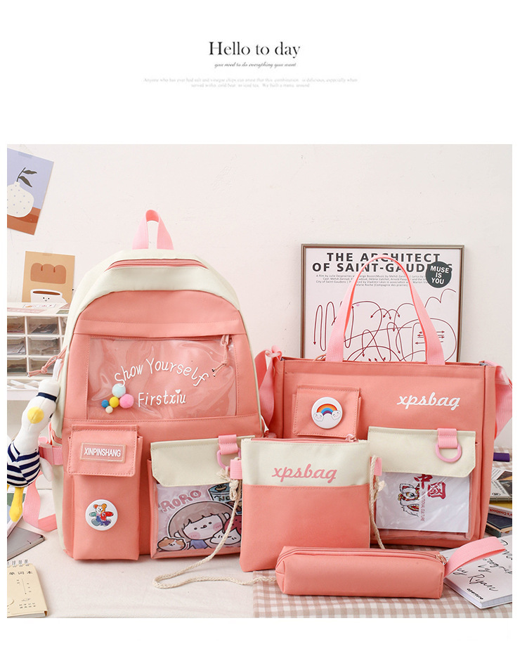 Four-piece Primary School Student Schoolbag New Ins Style Korean College Junior And Middle School Students Large Capacity Canvas Backpack display picture 1