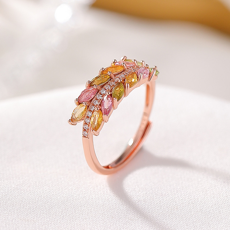 Nhẫn bạc S925 mạ vàng hồng đính đá tourmaline lông vũ mở điều chỉnh — bạc 925