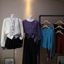 [比正]2025秋冬新款韩系高质感圆领格子假两件针织毛衣外套女4708