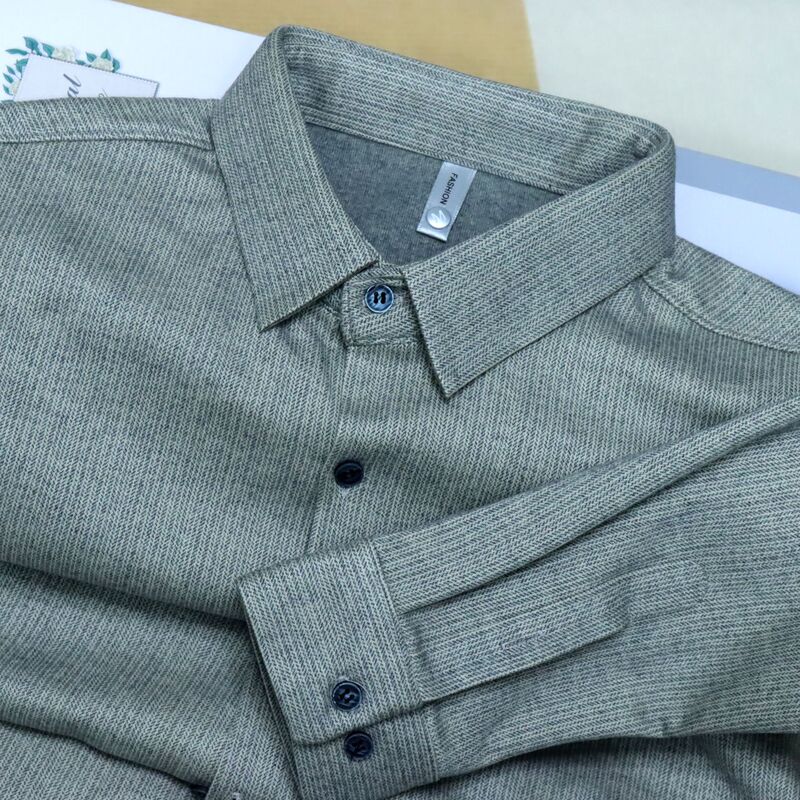 New high-end sense collar brown brushed tweed shirt men's slim winter warm padded flannel long sleeve top