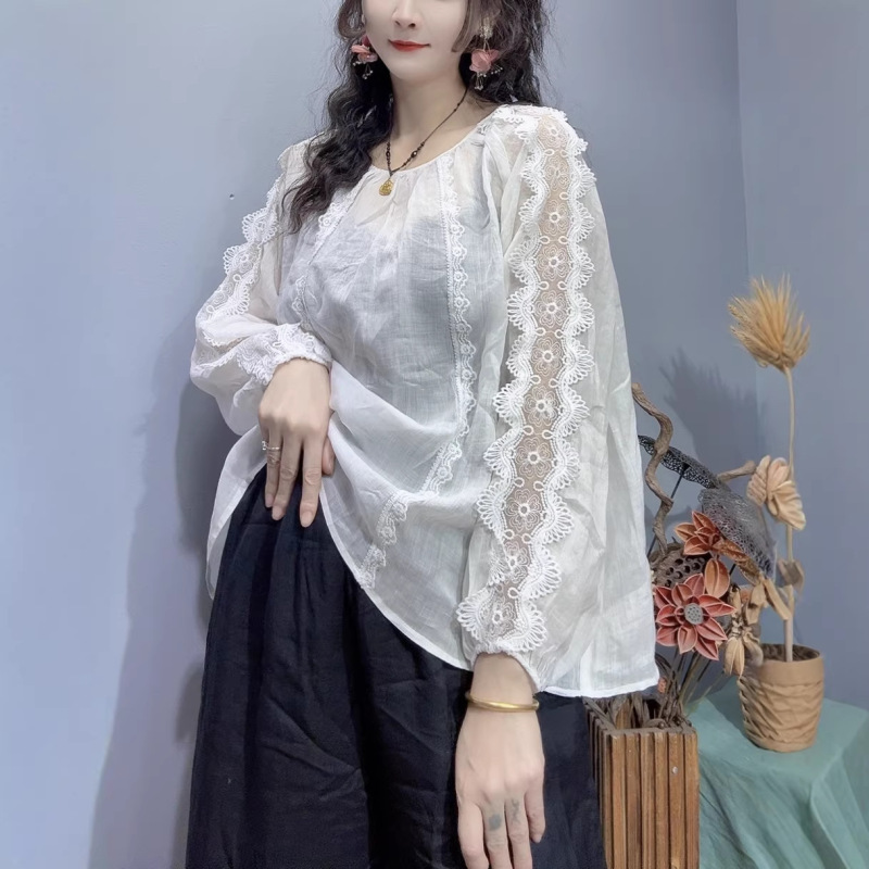 Lace-Trimmed Ramie Top, Elegant Pullover Loose-Fitting Slimming Shirt, New Spring 2026 Style Lace-Trimmed Ramie Top, Elegant Pullover Loose-Fitting Slimming Shirt, New Spring 2026 Style