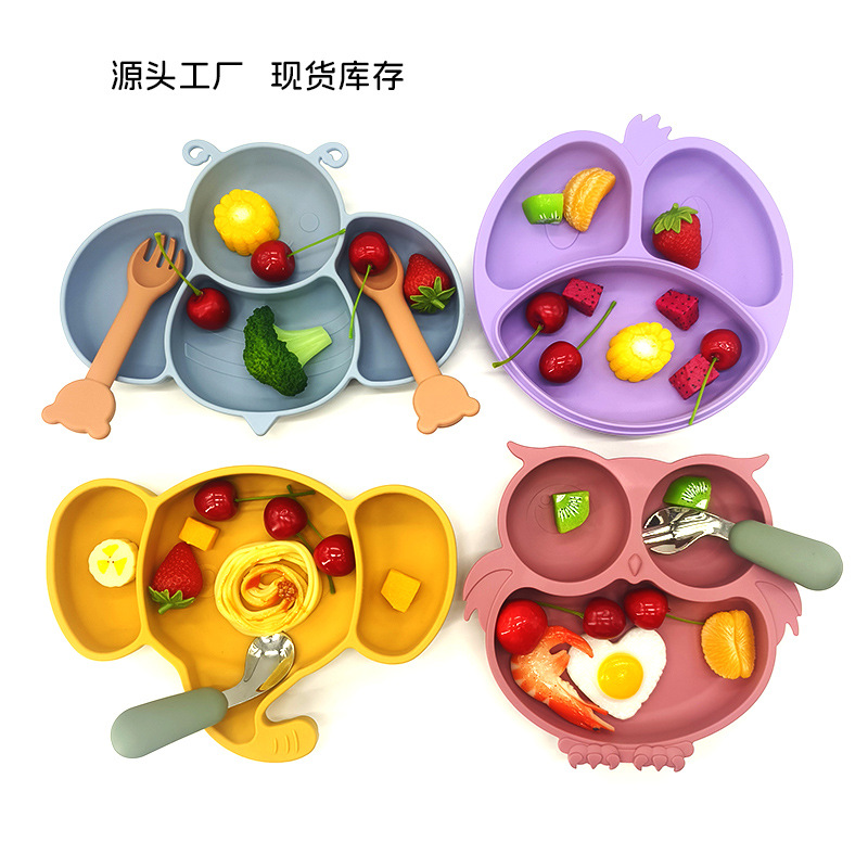 De dibujos animados de los niños vajilla Placa de rejilla de alimentos para bebés suplemento integrado de grado alimenticio Placa de silicona integrada ventosa