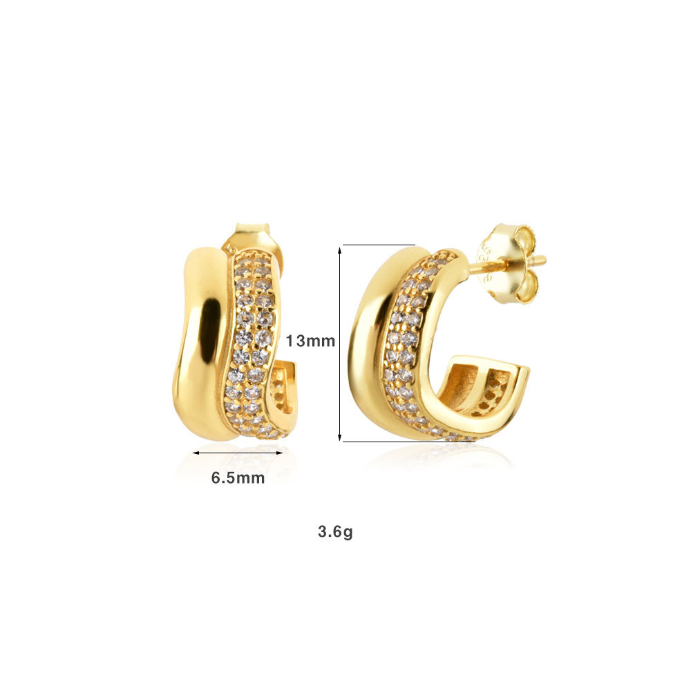 6g Weight 0.05µm-0.08µm Gold Plating Thickness 1 Pair 925 Sterling Silver Zircon C Shape Ear Studs