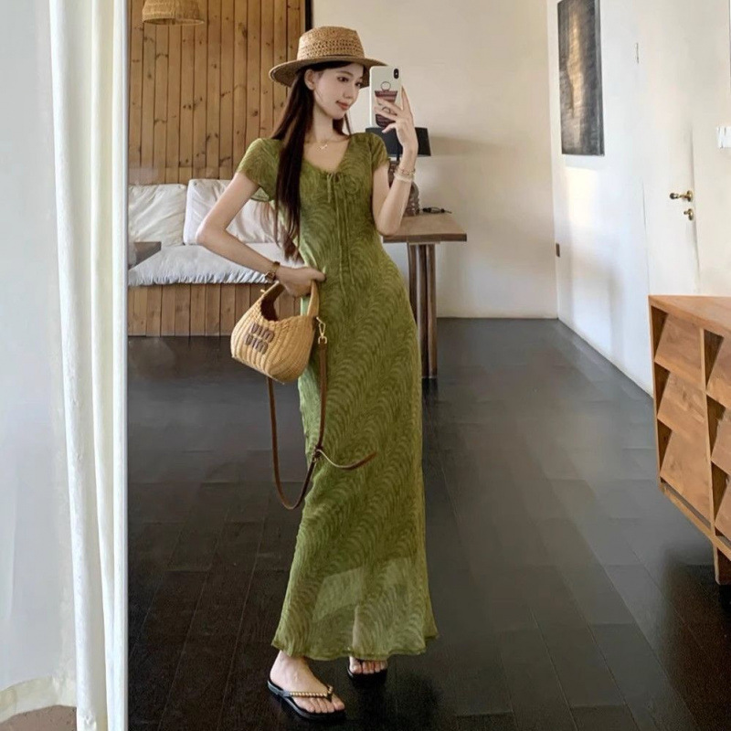 여름 여성을 위한 프렌치 스타일 그린 스트랩 반팔 드레스, 아름다운 틈새 롱 스커트, 슬림핏 A라인 스커트