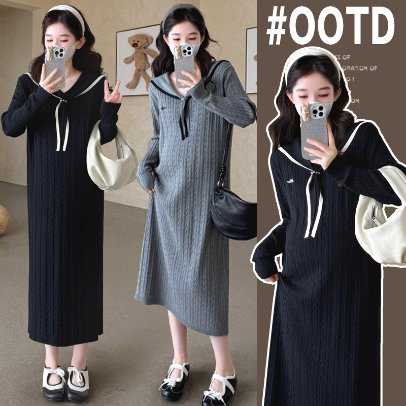 Maternity Navy Collar Twist Knitted Dress Autumn and Winter Loose Casual Versatile Slimming Look Bottoming Sweater Long Skirt