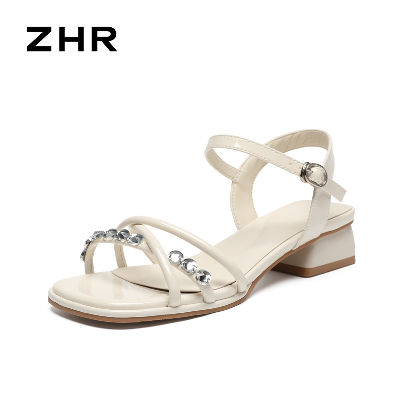 Sandal La Mã nữ đế dày đính đá gót vuông phong cách cổ điển — JF188 màu be