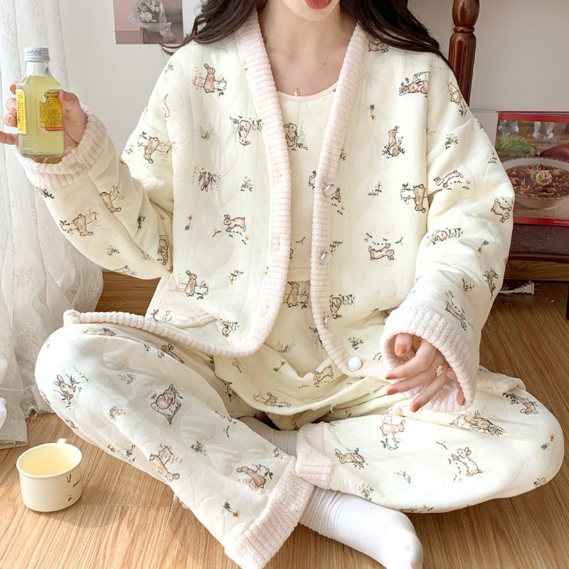 (2개) 이가이 가을 겨울 에어 코튼 산후복 3피스 슈트 임산부 파자마 가을 겨울 11월 산후 모유수유