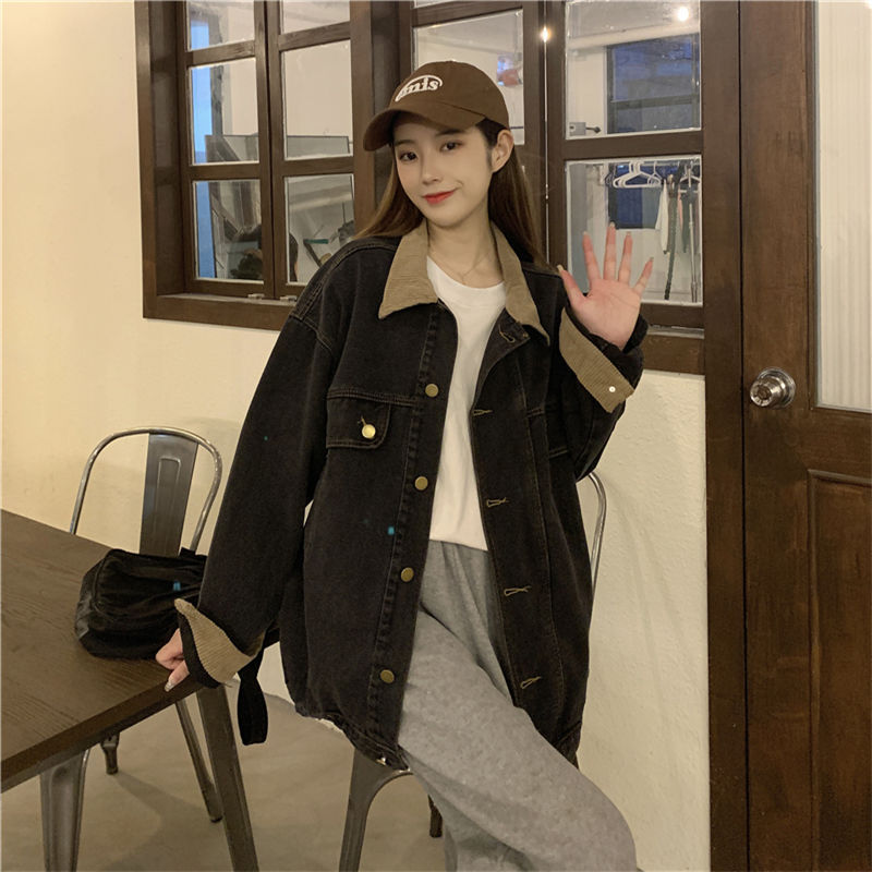 减龄气质设计感中长款灯芯绒领牛仔外套女秋冬大码韩版夹克上衣服|undefined