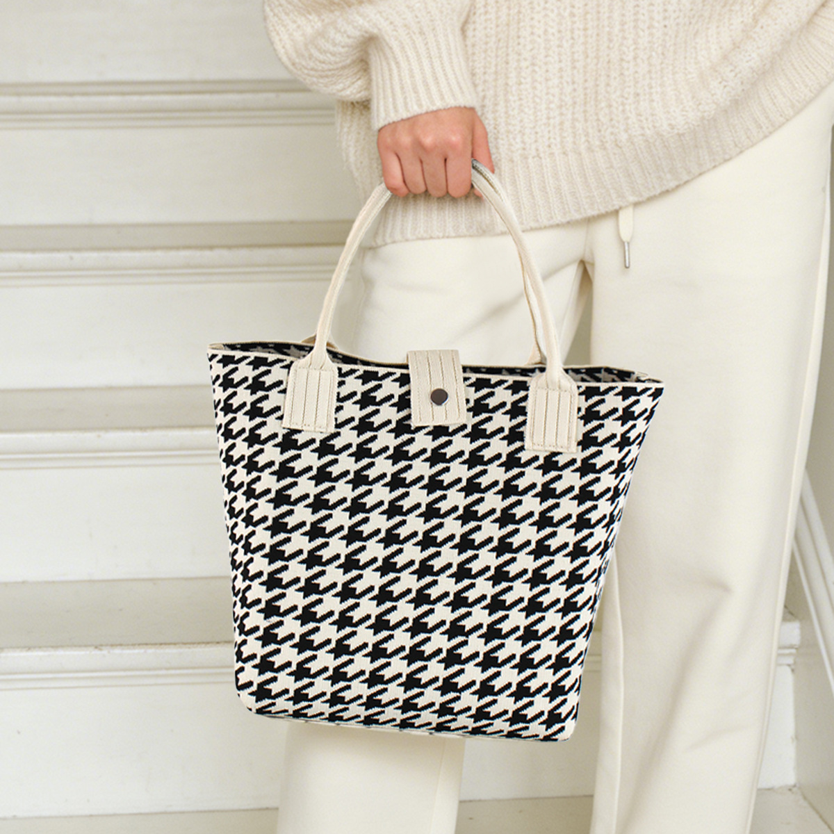 Bolso de tejido coreano de gran capacidad de transporte de moda de mil pájaros bolsos de mano casuales versátiles bolsos de bento image 3