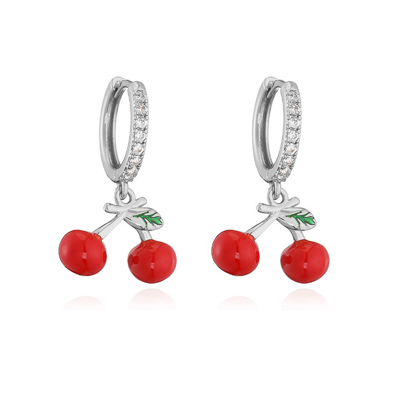 6g Weight Copper Ear Needle Material Zircon Inlay Material Charm Sleeper Hoop Earrings, Earrings Classification 1 Pair Quantity Holiday, Banquet, Daily Occasion Copper Material Cherry, Heart Shape Pattern Women's Gender Inlay Design Sweet Style 1 Pair Sweet Cherry Heart Shape Inlay Copper Zircon Earrings 11