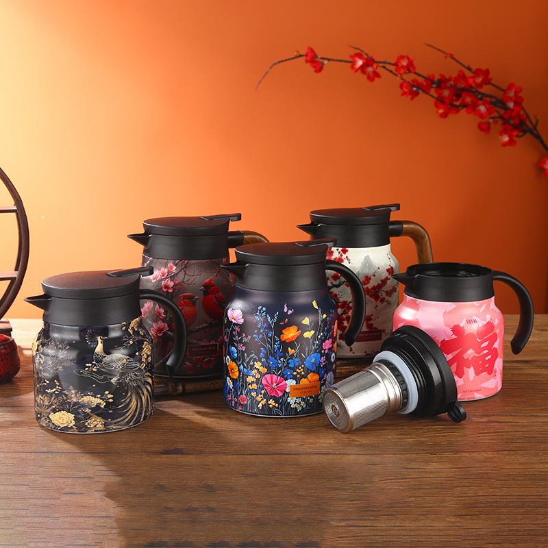 高端花纹精美木纹焖茶壶316不锈钢保温杯家用办公茶水分离泡茶壶