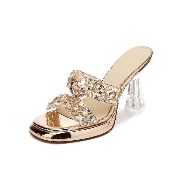 European and American style high heels that don't tire your feet, women's summer sandals 2024 new style rhinestone thick heels, waterproof platforms, thick-soled shoes, sandals and slippers