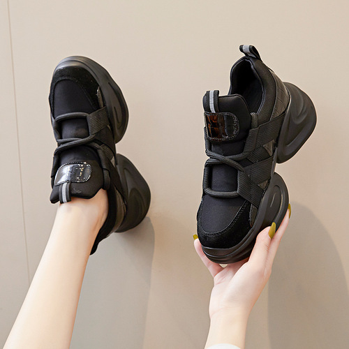 Genuine leather dad shoes for women Korean version 2024 spring and autumn new black thick sole inner heightening ins internet celebrity versatile sports shoes