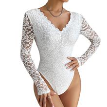 D 37297 Sexy Solid Color Lace Long Sleeve Bodysuit �Ը��ٽz