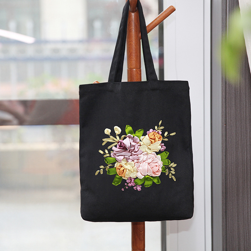 Hecho a mano DIY cinta bordada bolsa de lona Lu bordado solo hombro bolso tridimensional bordado flor lienzo mujer bolsa grande