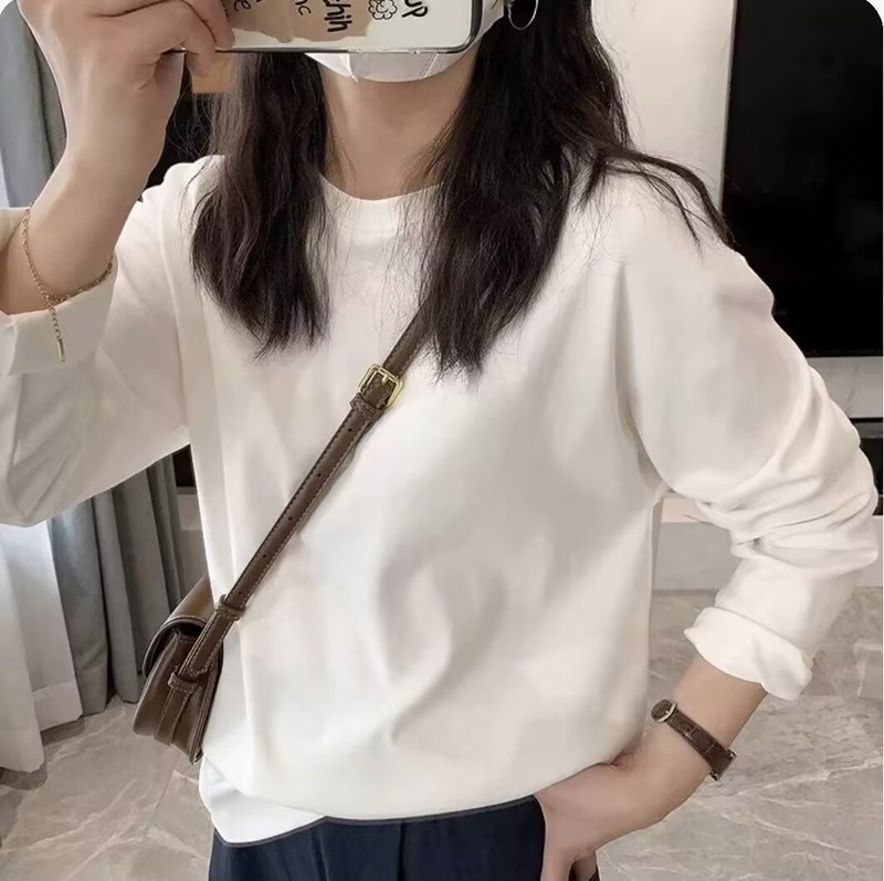 白色长袖t恤纯棉宽松圆领打底衫女内搭大码上衣秋季2025新款女装|undefined