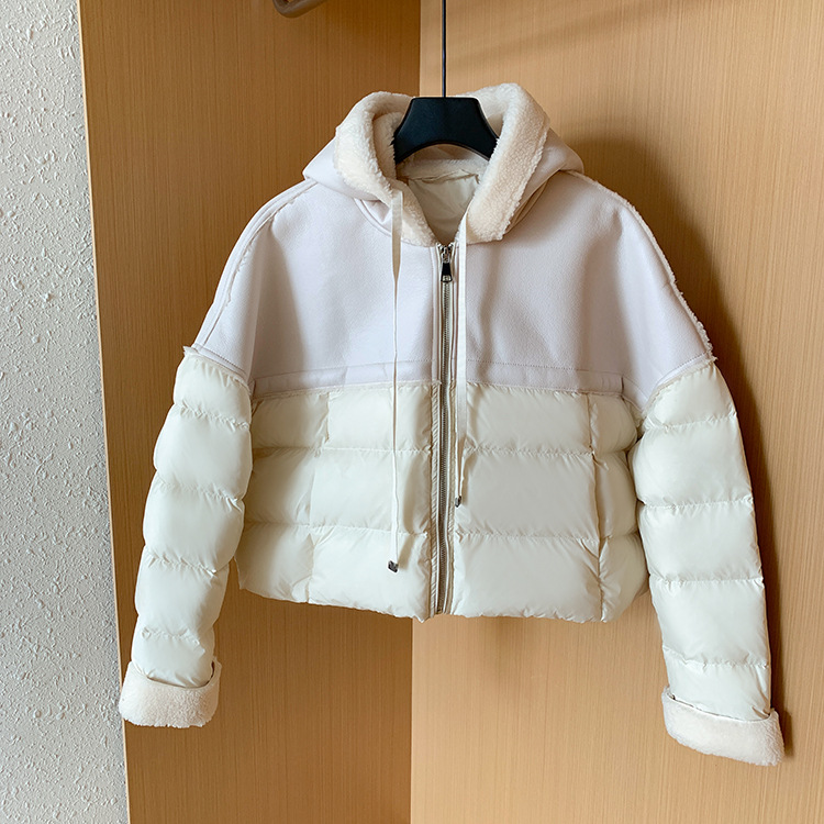 Giacca corta europea in piumino per donna stile corto cuciture colore a contrasto pelle PU leggera lusso alta qualità maglione largo 2024 nuovo inverno_voghion.com