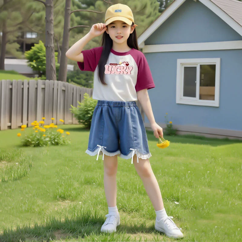 Summer set, cartoon denim short sleeve T-shirt, shorts, trousers, Korean style