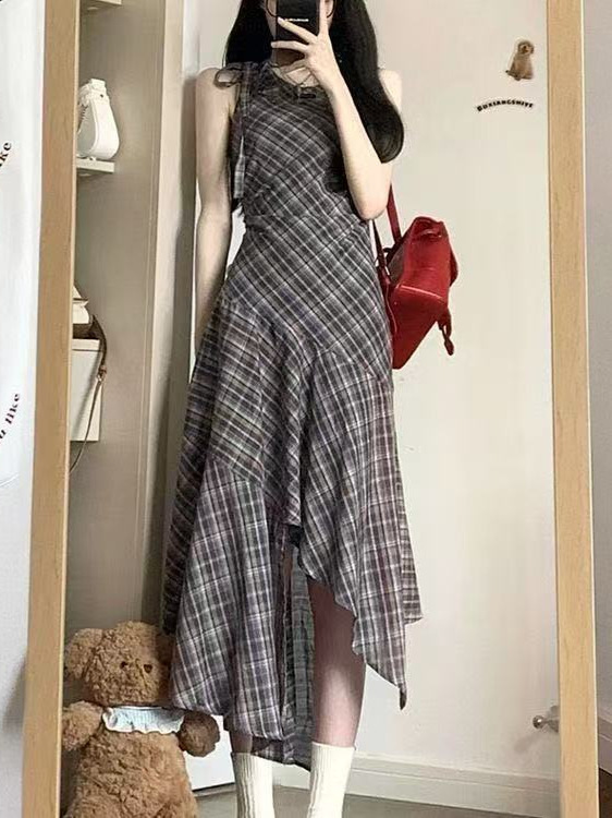 法式无袖不规则格子背心连衣裙子女夏季2025年新款小个子气质长裙|undefined