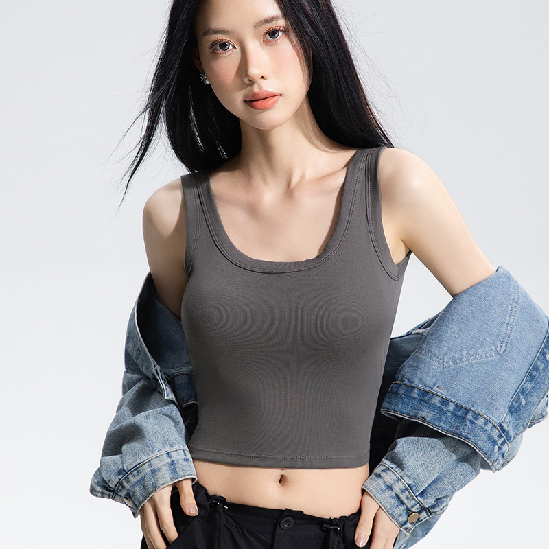 女性用の幅広肩Uネック純綿ボトムベスト、ワンピース固定カップアウターウェア、ブラジャーなしのスリムなノースリーブトップ|undefined