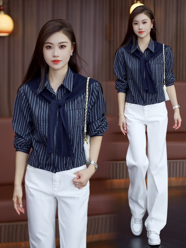 时尚设计感条纹衬衫女2025秋季新款洋气宽松显瘦长袖披肩式衬衣潮|undefined