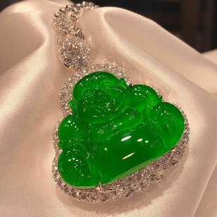Ice-Type Yang Green Buddha Jade Pendant from Myanmar, Inlaid with Old Pit Jade, Processed Imperial Full Green Laughing Buddha Maitreya Buddha