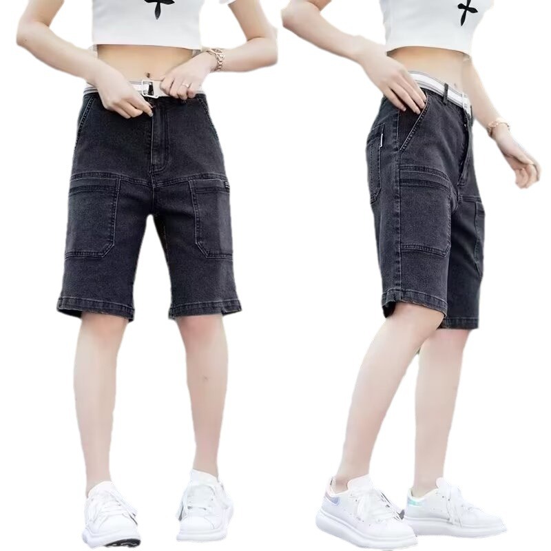 Pantalones cortos de mezclilla de la calle para hombres 2024 marea de verano retro lavado y pantalones de pierna recta desgastados pantalones de cintura elástica sueltos de cinco puntos