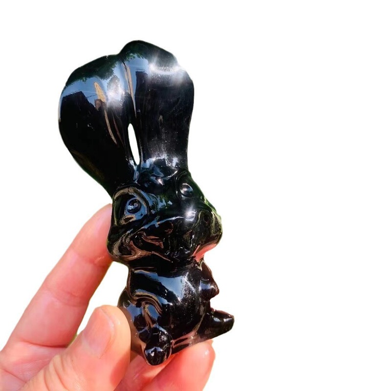 天然水晶黑曜石雕刻件长耳兔水晶小摆件 图 2