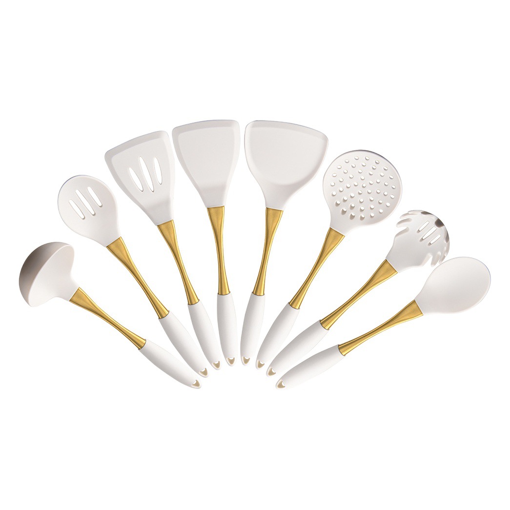 304 de acero inoxidable chapado en oro mango de silicona utensilios de cocina herramientas de cocina pala cuchara espátula cuchara de sopa conjunto de ocho piezas