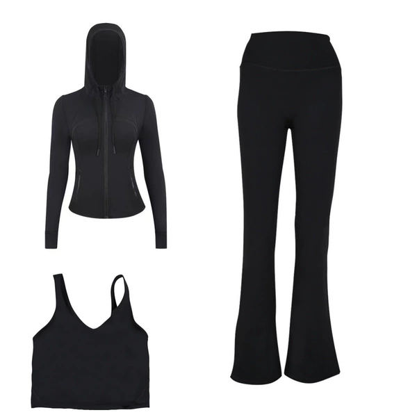 Black jacket with hood, vest, flared trousers