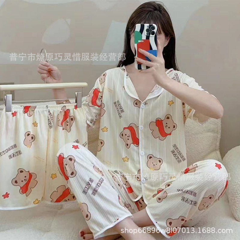 Nuevo estilo pijamas traje de tres piezas de las mujeres pijamas de estilo coreano de verano dulce ins estilo desgaste para el hogar conjunto de tres piezas entrega de una pieza