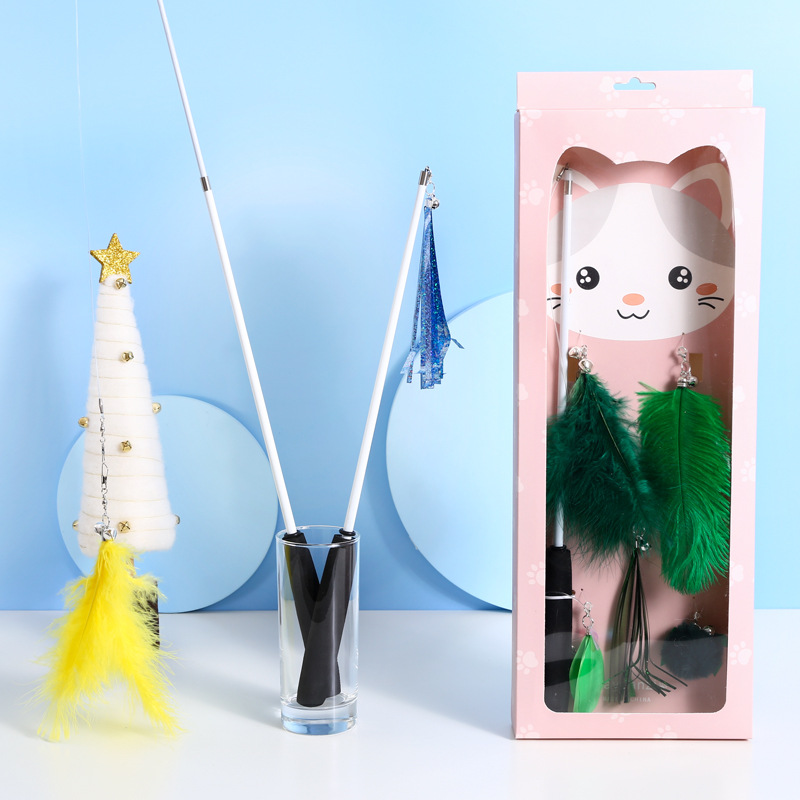 Caja de juego de cabeza reemplazable de plumas ajustables y telescópicas para mascotas con palo de gato interactivo y auto-pulling