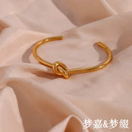 欧美ins时尚简约轻奢百搭手饰饰品不锈钢镀18K金色打结开口手镯