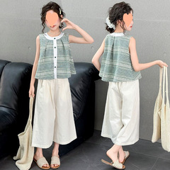 女の子夏服 2025 新しい中型および大型子供韓国風子供服多用途トレンディカジュアル女の子夏 2 点セット