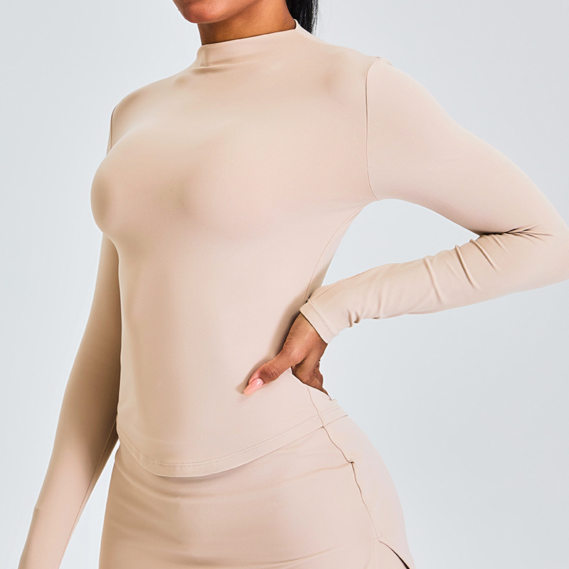 Nuevo estilo transfronterizo ropa de yoga de manga larga con cuello alto, top de mujer, camiseta deportiva delgada y delgada, ropa de fitness para correr al aire libre