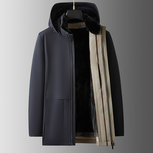 Middle-aged and Elderly Fathers Casual Men's Warm Jacket Mid-length Solid Color Vertical Collar Hooded Mink Fur Nelini Overcome