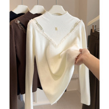 韩版设计感木耳边镂空网纱半领长袖套头针织衫女秋冬修身打底毛衣