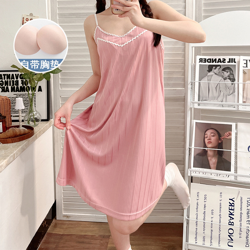 Pijamas de verano falda de Liga de las mujeres con almohadilla en el pecho lindo estudiante ins dulce delgado vestido de longitud media homewear
