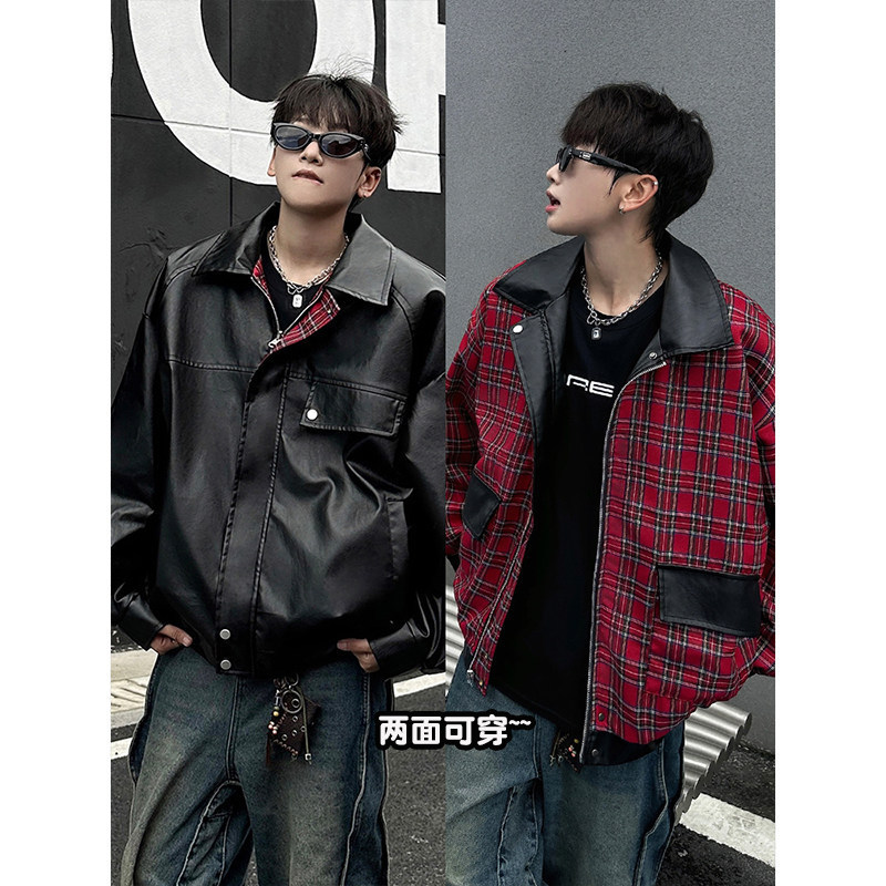 Double-sided Plaid Leather Jacket Men's Autumn American Vintage Biker Suit Spring and Autumn Trendy Brand Yipi Shuai Fried Street Jacket