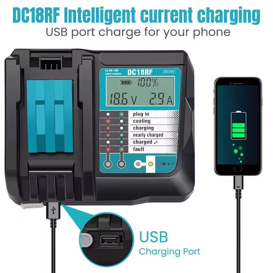 Зарядное устройство для аккумулятора 14.4В–18В BL1860B BL1830 BL1415 DC18RF, USB-зарядка