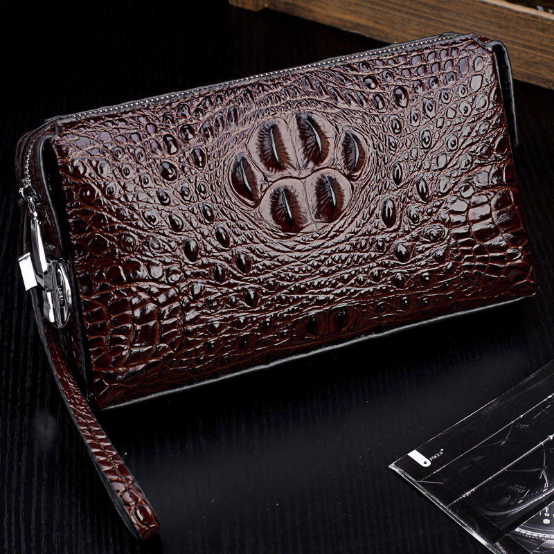 Bolso de mano para hombre con estampado de cocodrilo, color negro y marrón, ligero, ideal para negocios y con cartera de gran capacidad._voghion.com