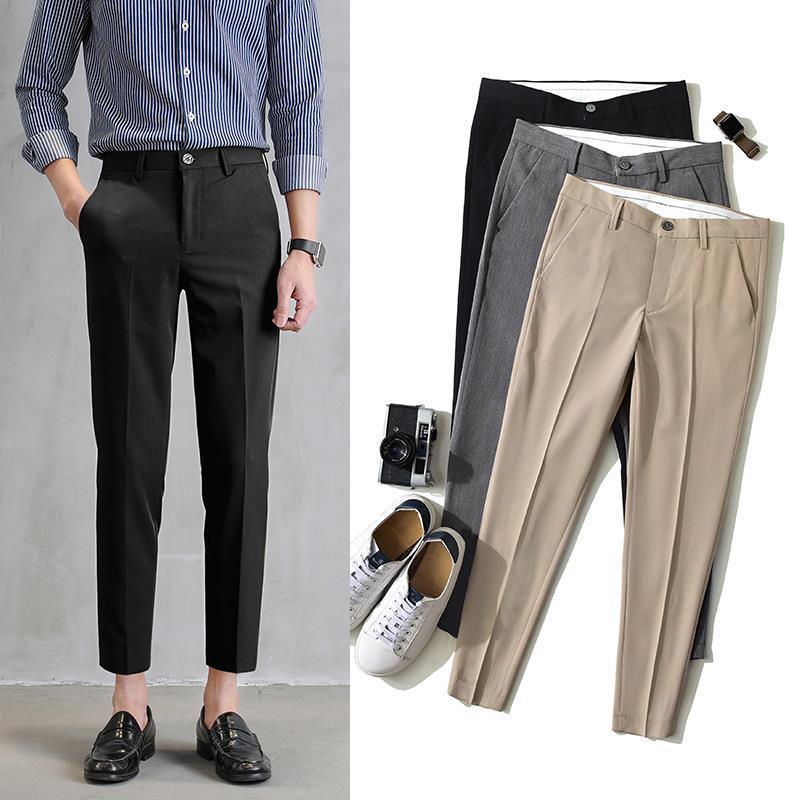 Men's Cropped Trousers Trendy Straight-Leg Korean Style Drape Pants Casual Men's Suit Slim Black Trendy
