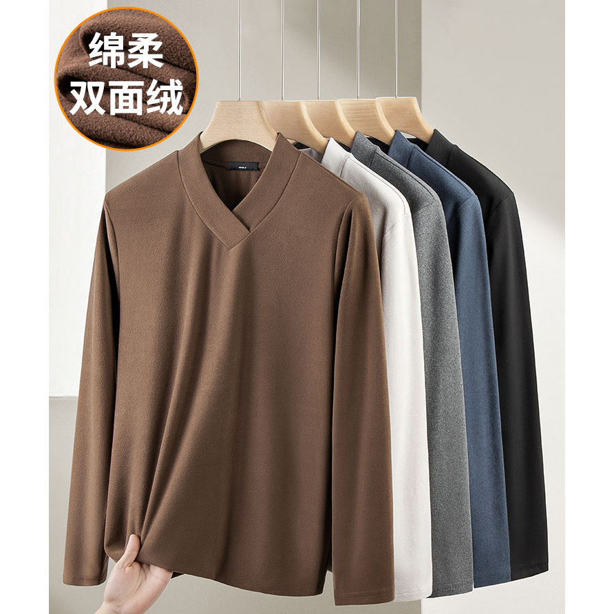 Double-sided fleece V-neck T-shirt for men, long-sleeved, autumn and winter, German fleece base layer, thickened and warm inner layer, foreign trade, cross-border wholesale.