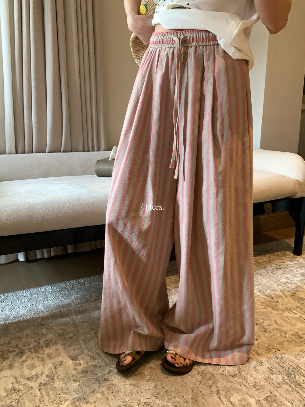 Quần culottes nữ ống rộng cạp cao sọc kẻ dáng dài suông rộng phong cách thư giãn — màu hồng chi tiết 11
