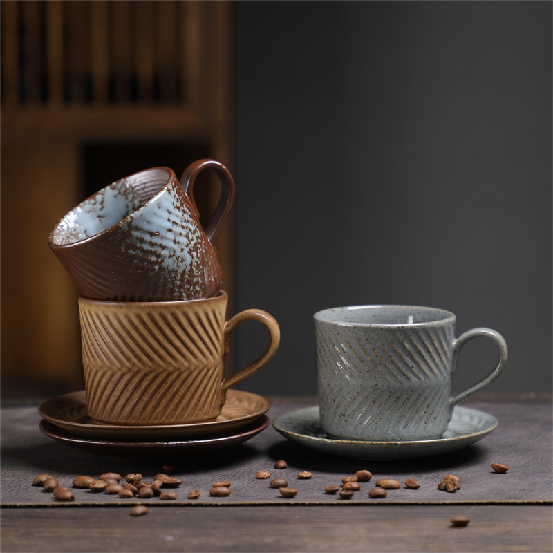 Wabi-Sabi Style Japanese And Saucer Set Embossed Top Quality Ceramic Creative Coffee Cup Afternoon Tea Latte Art Mug_voghion.com